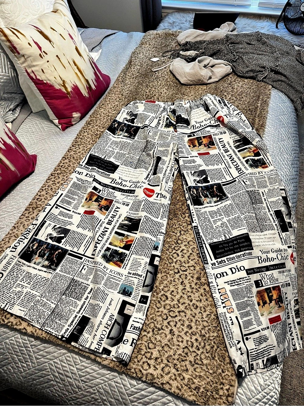 Newspaper Print Wide Leg Pants